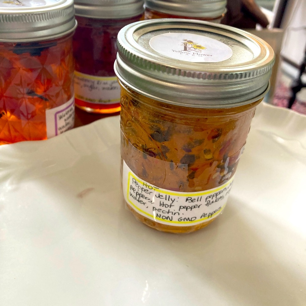 One half pint jar of hot pepper jelly from Yellow Flower Farm. Scrumptious.